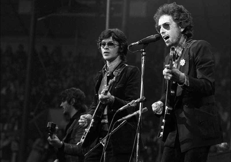 Rich Danko, Robbie Robertson, and Bob Dylan, Seattle Center Coliseum, February 9, 1974.